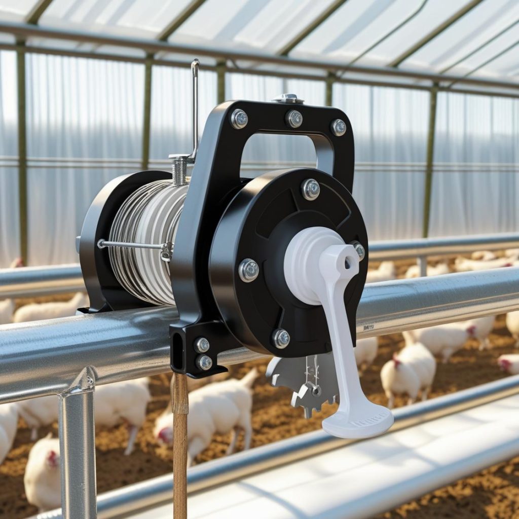 poultry curtain winch mounted in a poultry shed